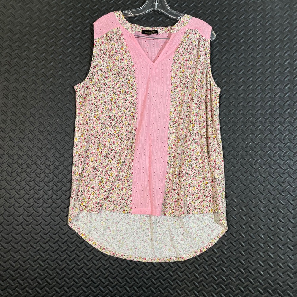 Suzanne Betro Pink Floral Sleeveless Top Eyelet Hi-Low Hem Women's Size 1X
